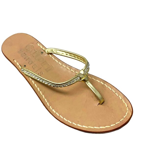 CAPRI SANDALS CO. Gold Leather Rhinestone Thong Slide‎ Sandals - Picture 2 of 9
